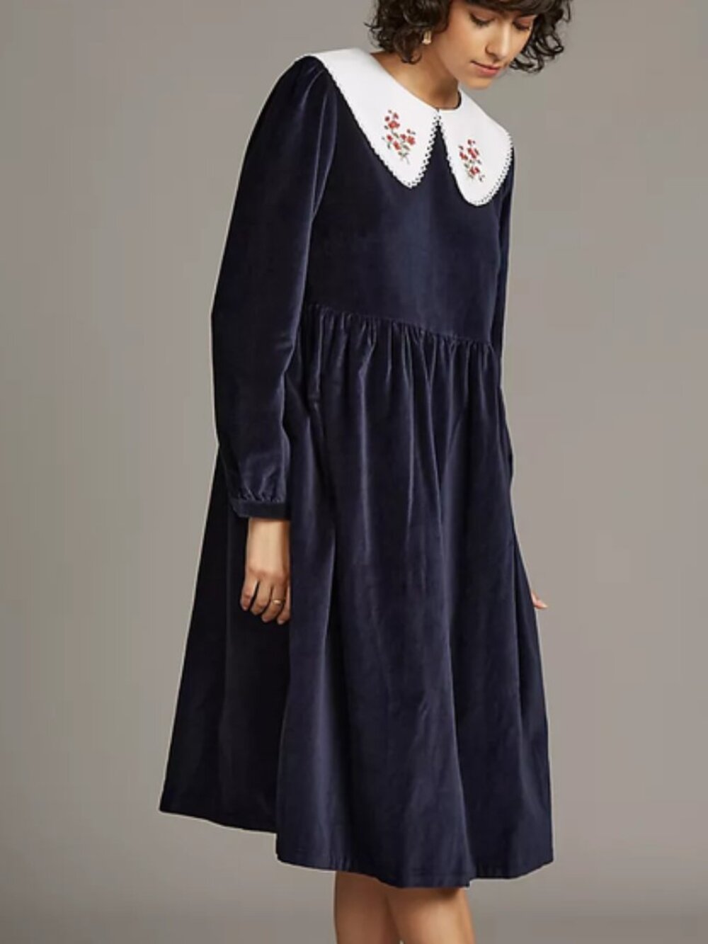 MEADOWS Velvet Dress Pasque Navy Blue Long Sleeve Bib Collar Whimsical Dress